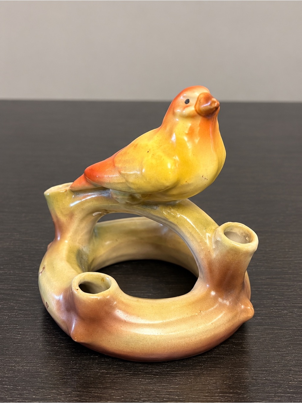 VTG Czech Czechoslovakia Pottery Bird Flower Frog Bud Vase Red Dime Mark 4”